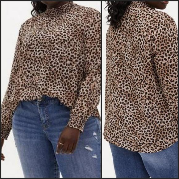 Torrid Animal Print Long Sleeve Sheer Chiffon Smocked Mock Neck Blouse 0X - Picture 3 of 9
